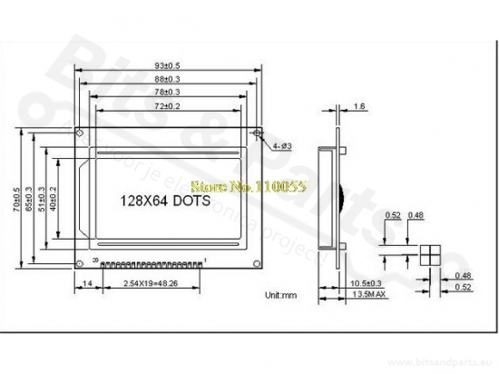 Display LCD ST7920- 128x64 pixels wit op blauw